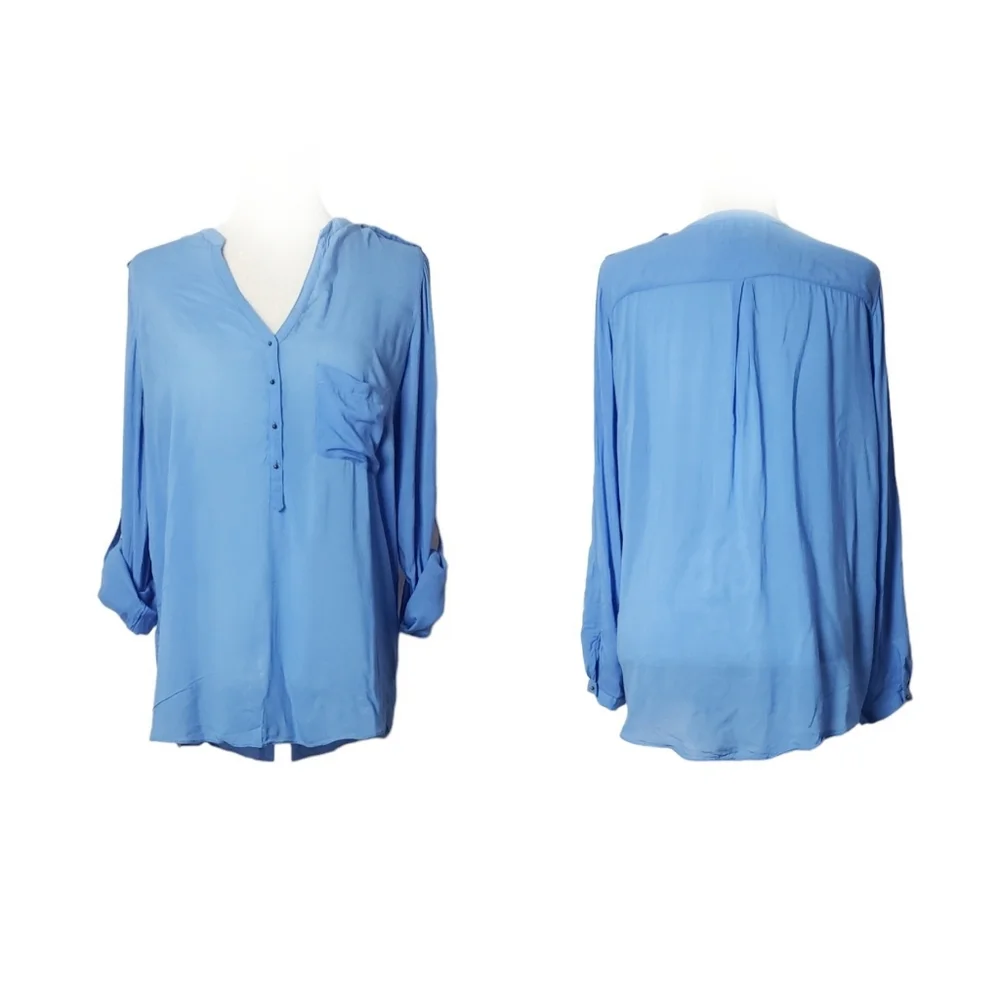 COPY - ⚪2/$20 Zara Henley Roll-Tab Sleeve Viscose Blouse Periwinkle Blue - Picture 2 of 9